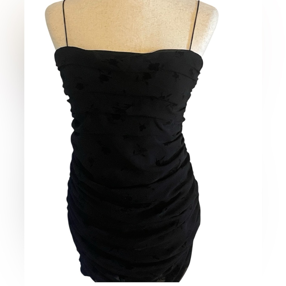 Black Velvet Floral Rose Goth Ruched body-con Mini dress Fairy Grunge Indie Sm